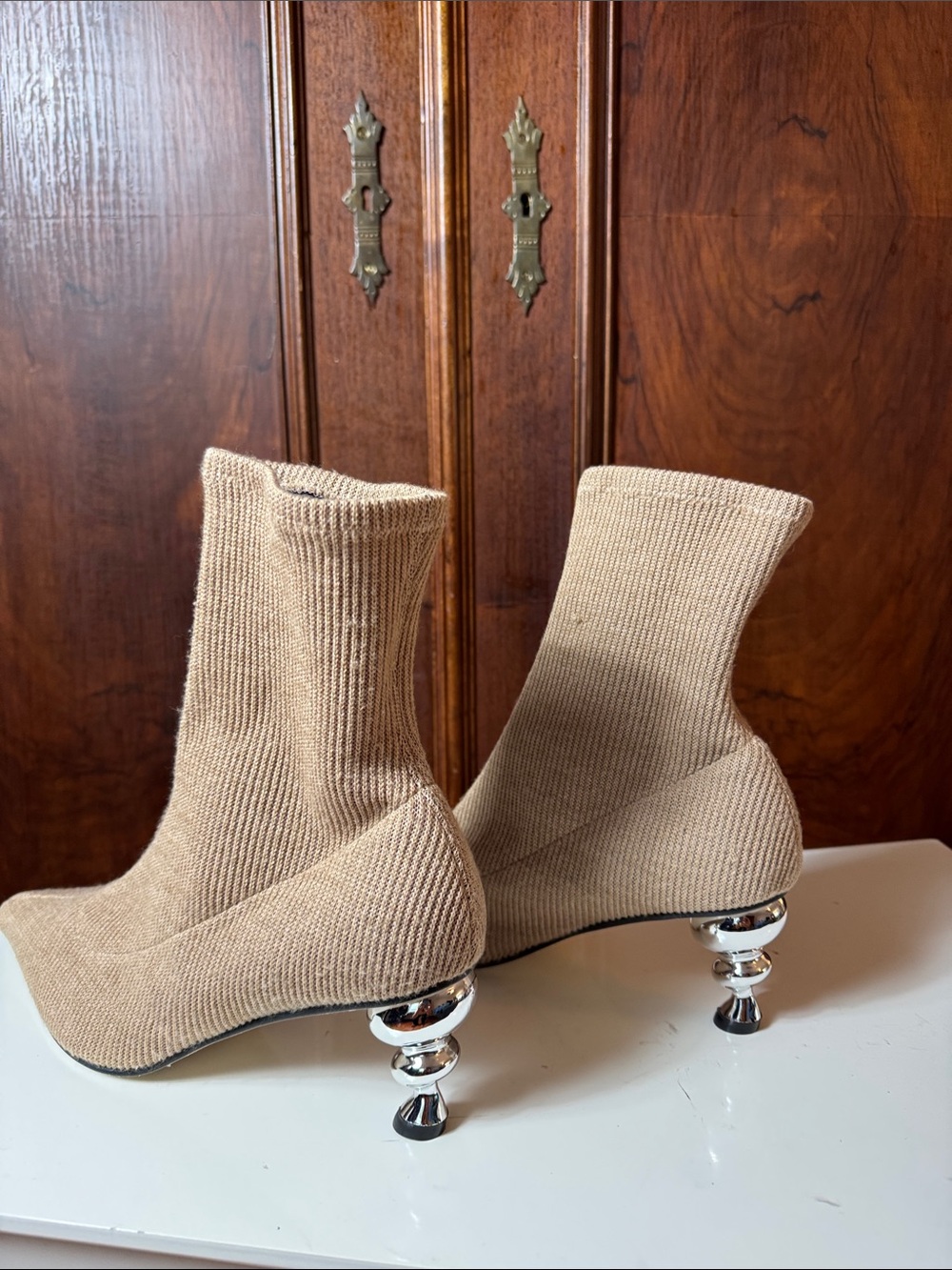 Yuul Yie Tan Stretch-Knit Ankle Booties with Sculptural Silver Heel